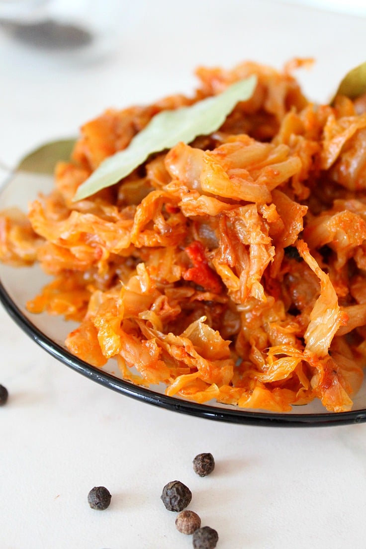 Vegan cabbage recipe on a brown plate