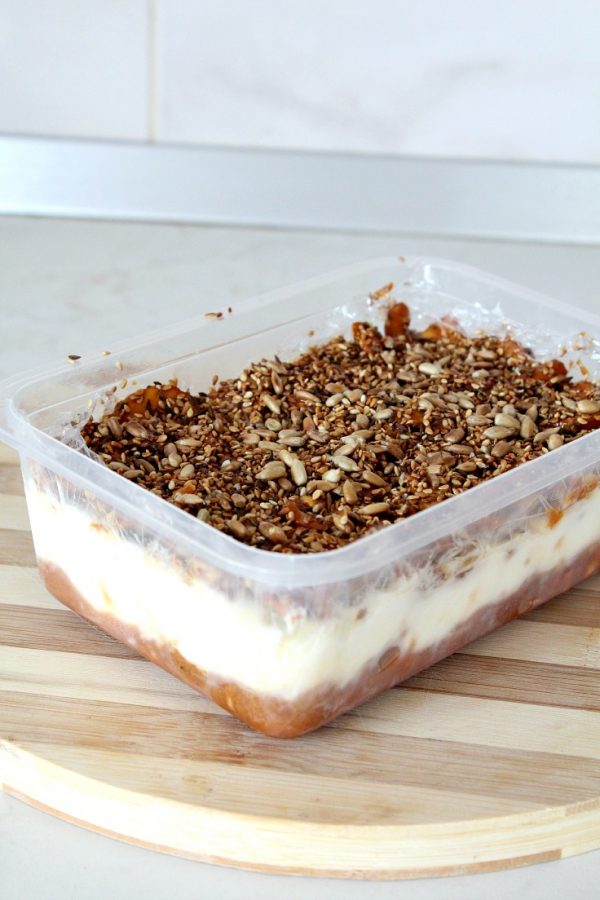 Caramel pretzel ice cream cake with mixed seeds and nuts