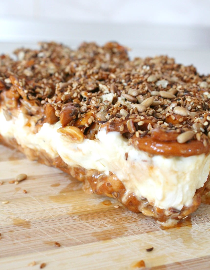 Caramel pretzel ice cream cake with mixed seeds and nuts