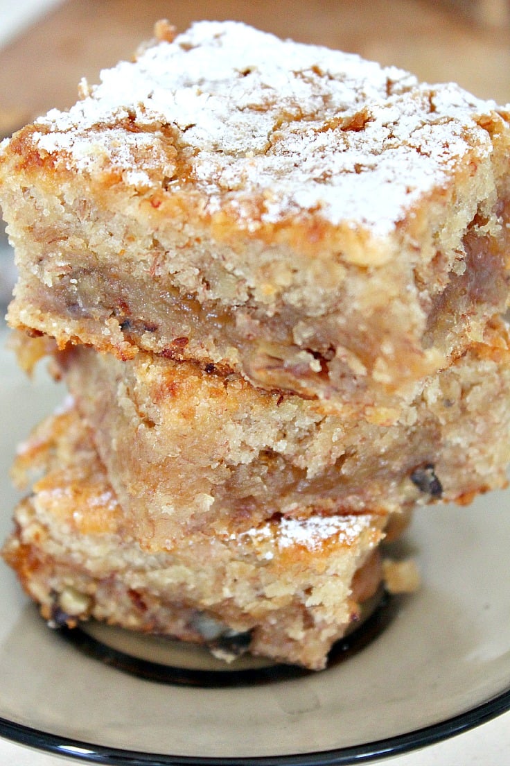 Vegan banana blondie brownies with walnuts and caramel sauce