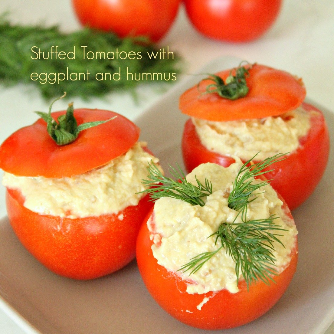 Stuffed fresh tomatoes with eggplant and hummus appetizer