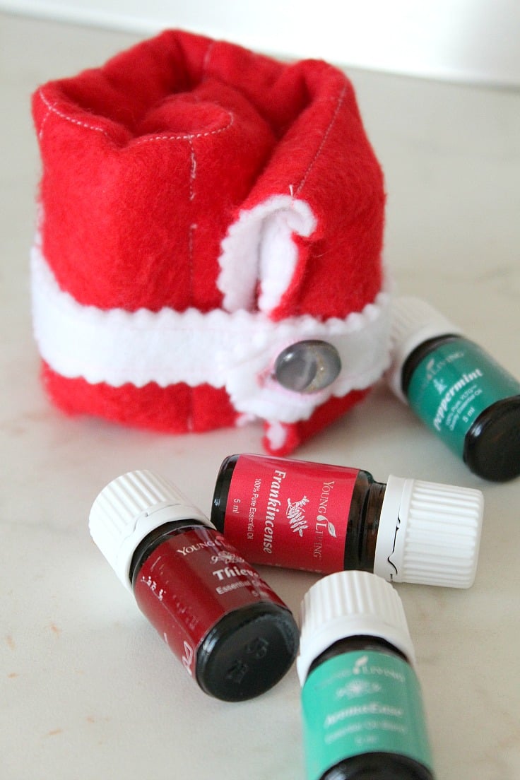 Essential oils carrier in red and white, next to four bottles of essential oils.