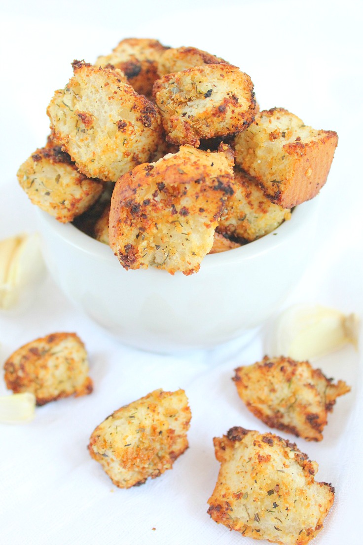 Homemade Garlic Herb Croutons in a white bowl