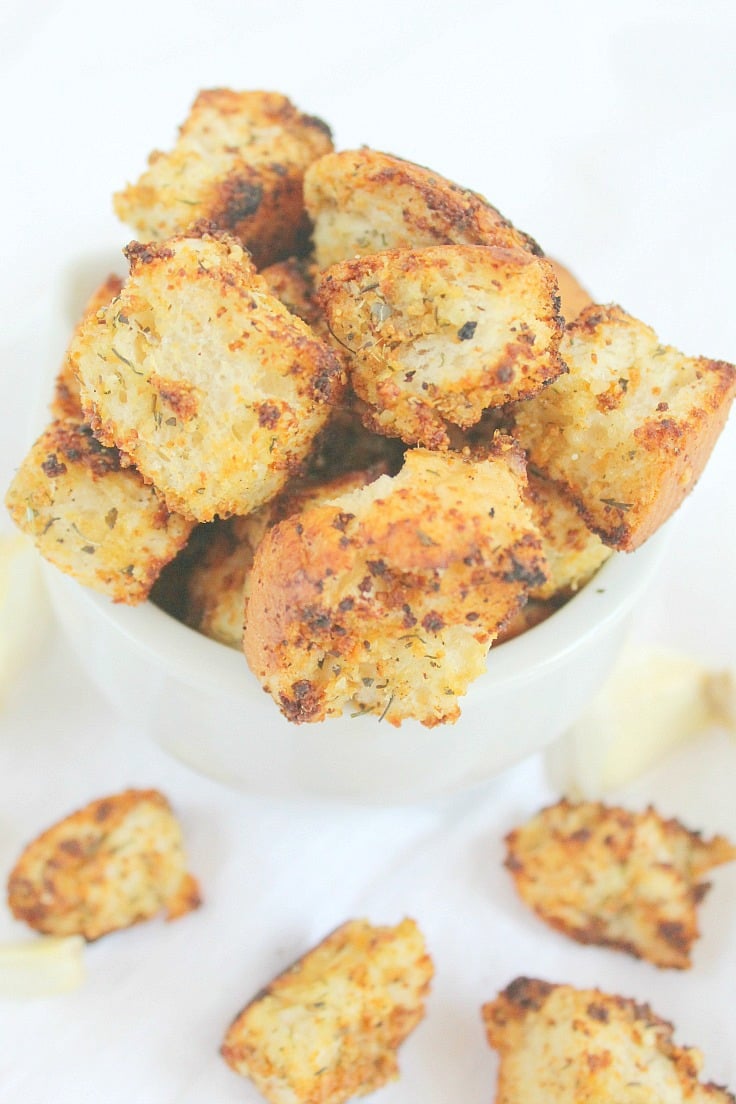 Homemade Croutons in a white bowl