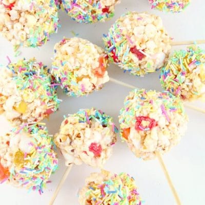 Funfetti Sweet Sour and Salty Popcorn lollipops