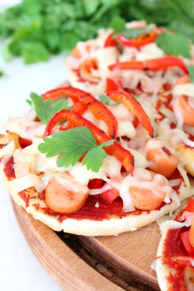Mini Bread Pizza Recipe with Hot Dogs, Peppers and Mozzarella