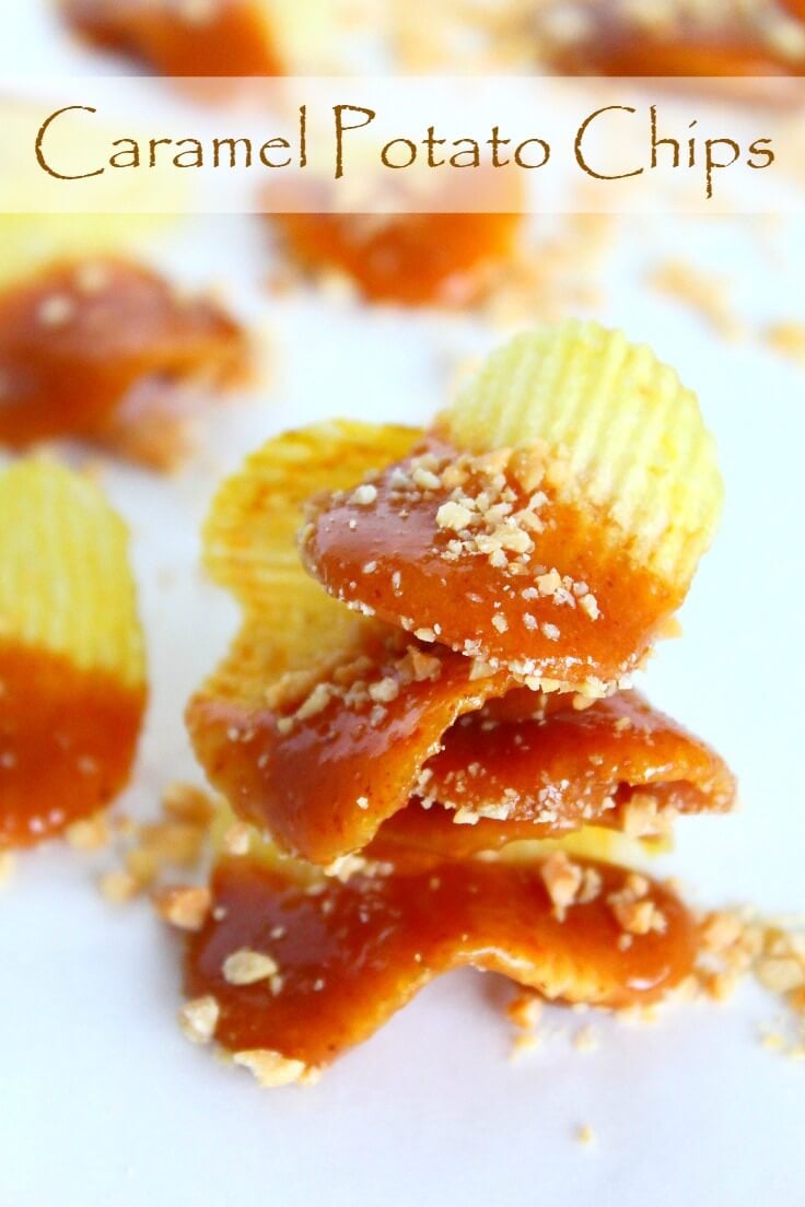 Caramel Chips snacks on white counter top