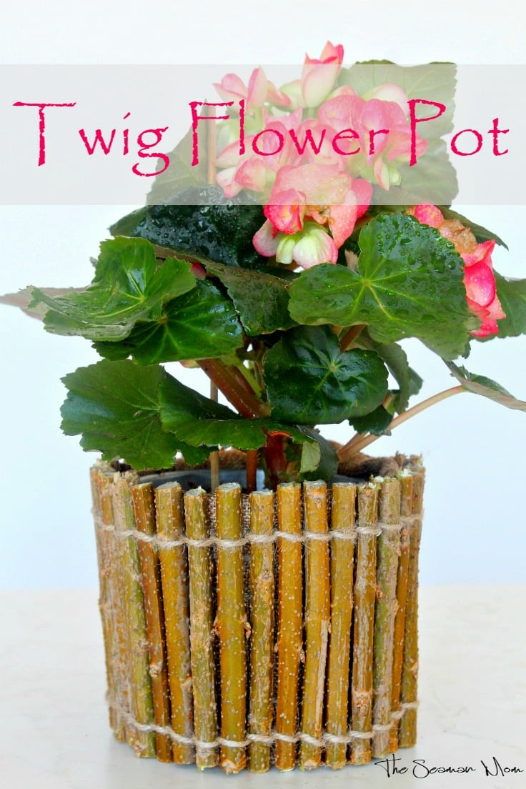 Rustic flower pot made with twigs and twine