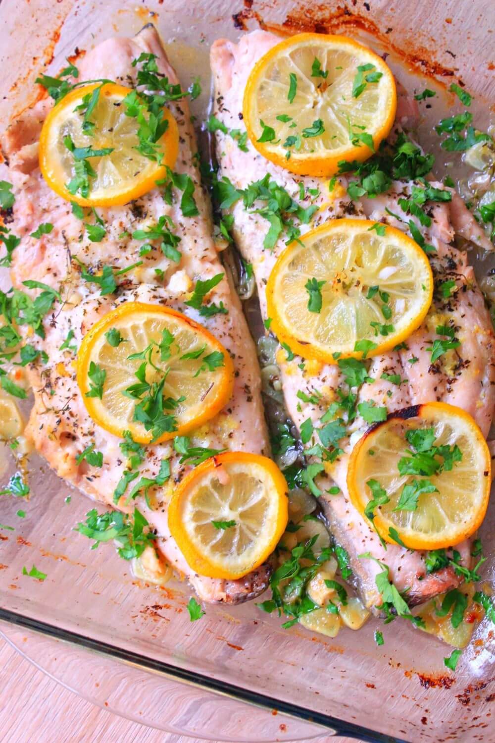 Lemon Butter Fish Baked In Olive Oil, Garlic And Herb Sauce