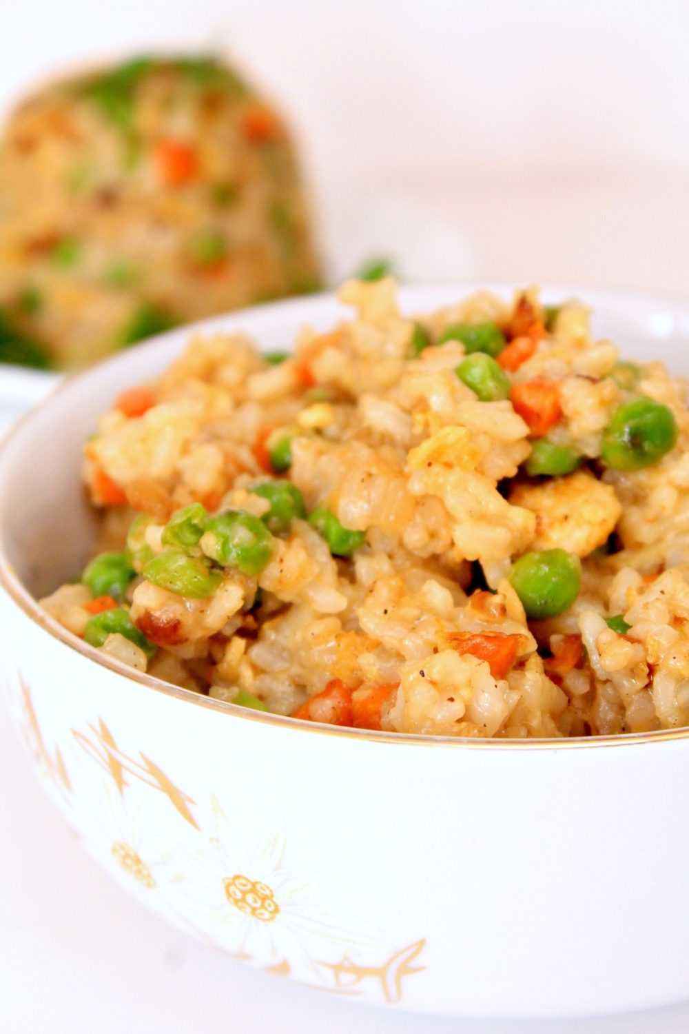 Image of vegetable egg fried rice recipe in a white bowl