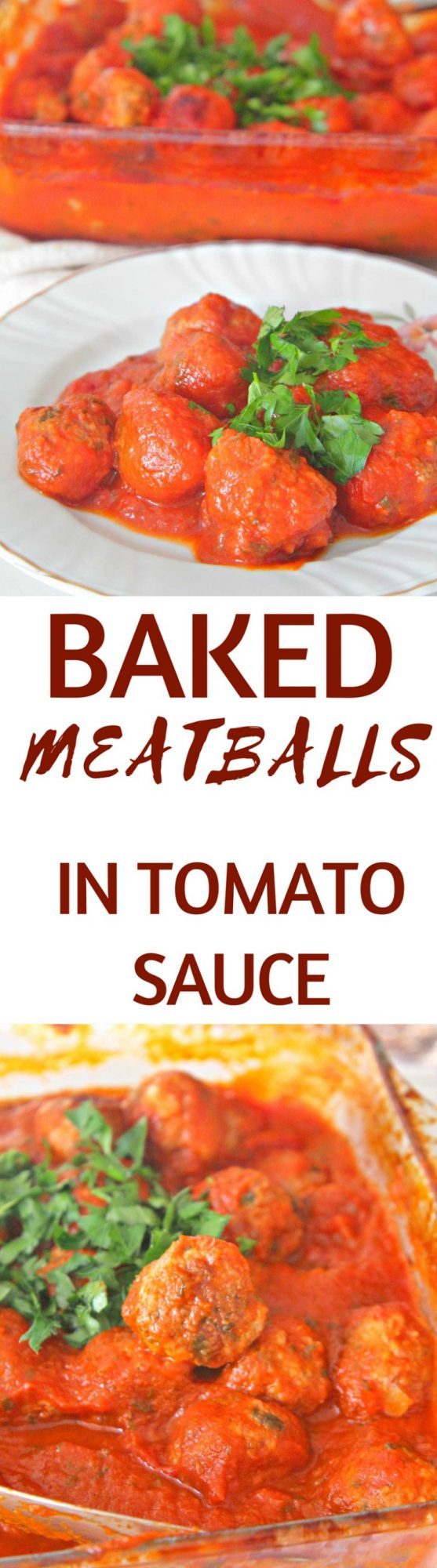 These amazing baked meatballs in sauce are insanely delicious and the perfect accompaniment to a pasta dish! Great comfort food, perfect winter meal!