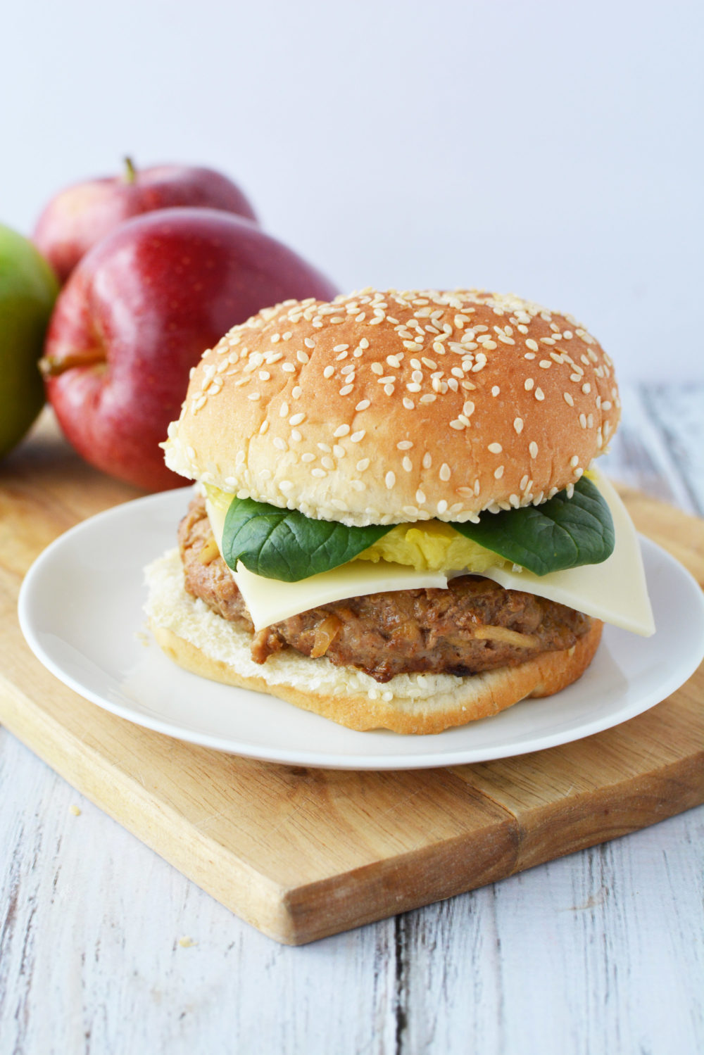 Pork and apple burger recipe with pineapple and fresh spinach