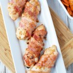 Juicy bacon wrapped chicken tenders with a brown sugar and garlic glaze