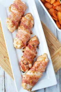 Juicy bacon wrapped chicken tenders with a brown sugar and garlic glaze