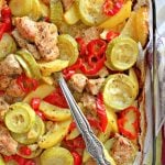Baking dish with sweet and picy turkey breast and vegetables, made with brown sugar, paprika lemon juice and herbs