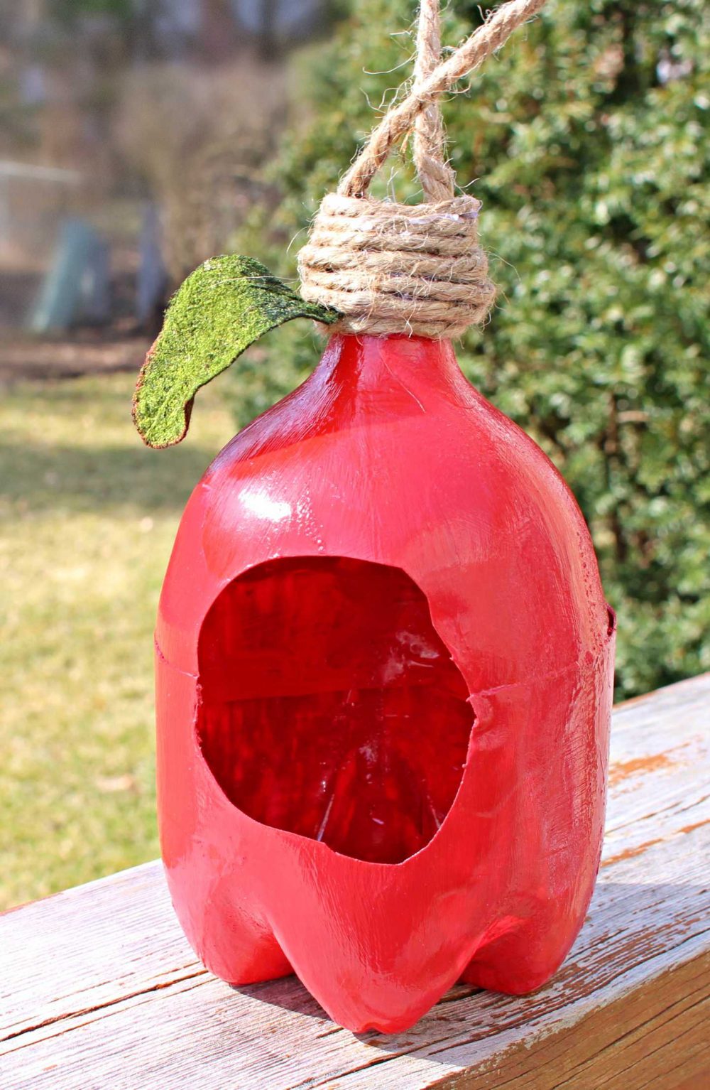 Plastic bottle bird feeder made out of pop bottle, painted in red with twine and an artificial leaf attached to the neck