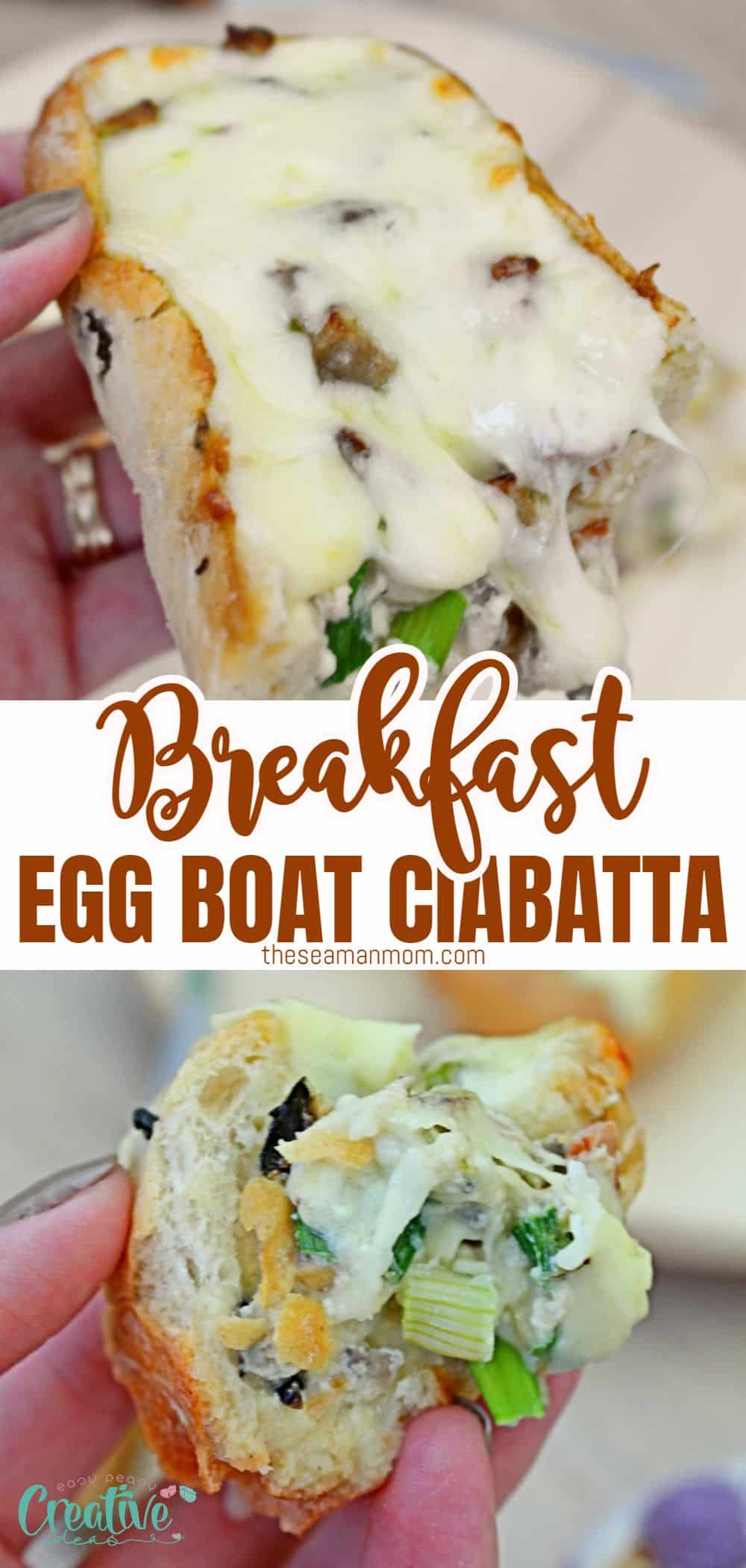Breakfast ciabatta bread is perfect for nesting fluffy oven baked omelette, full of tasty ham, cheese, mushrooms and scallion! This egg boat is a super easy and quick way to serve breakfast on the go!

 via @petroneagu