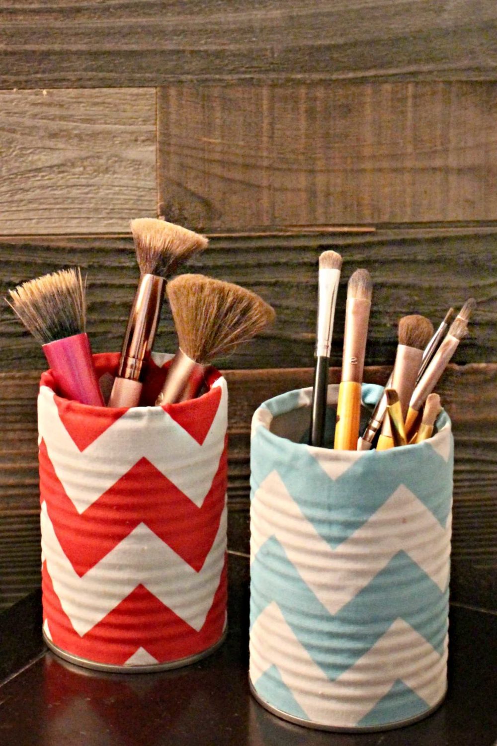 Soup Can to DIY Makeup Brush Holder  Cleaned metal soup cans are great for  repurposing and updating. Making them an easy and cost-effective way to  organize your home. Making a DIY