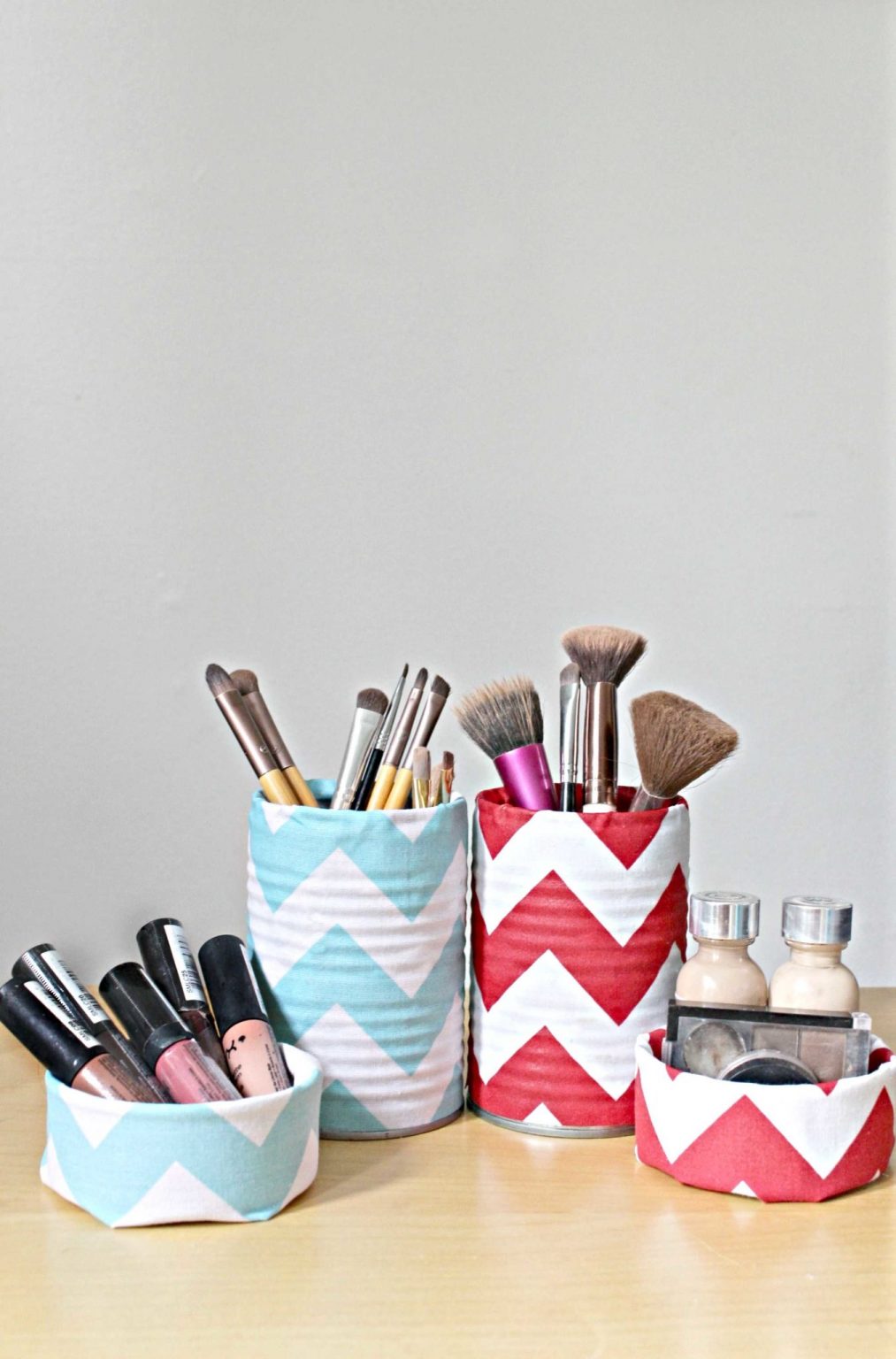 Makeup Storage Containers From Fabric Covered Tin Cans