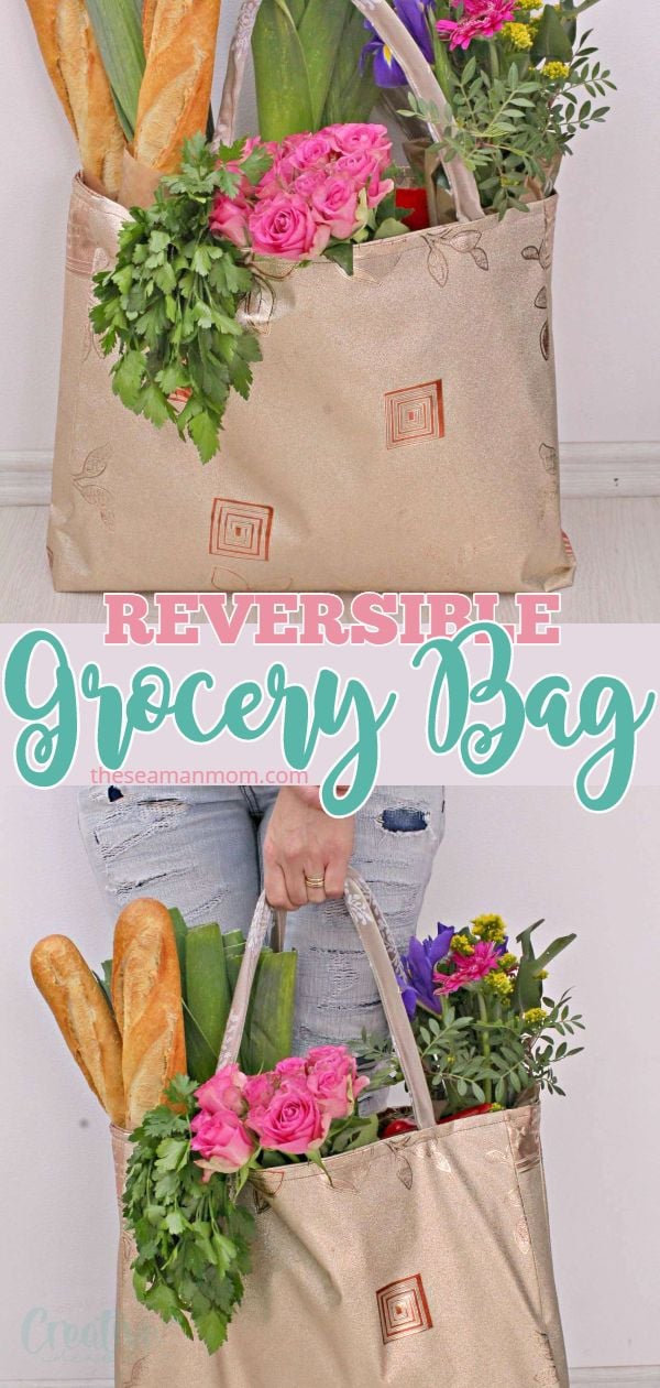 Learn how to make a reusable tote bag that is reversible, sturdy, roomy and durable with this grocery bag pattern! This is the easiest method for making a shopping bag pattern! via @petroneagu