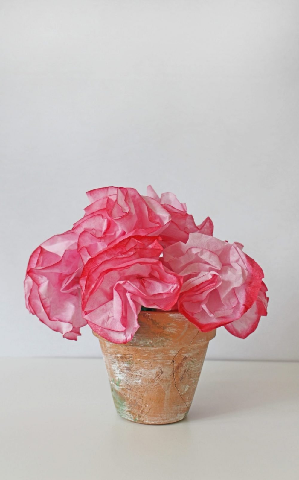 Bouquet of coffee filter flowers in a terracotta flower pot