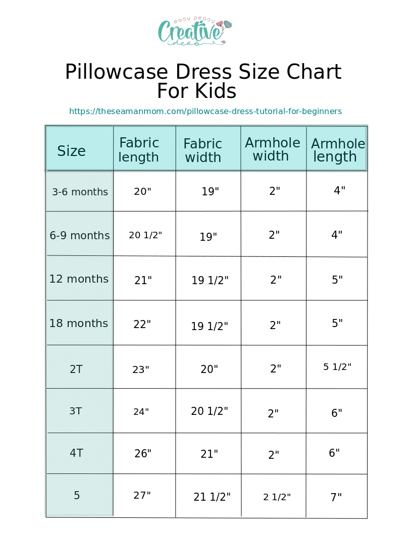 Pillowcase dress size chart