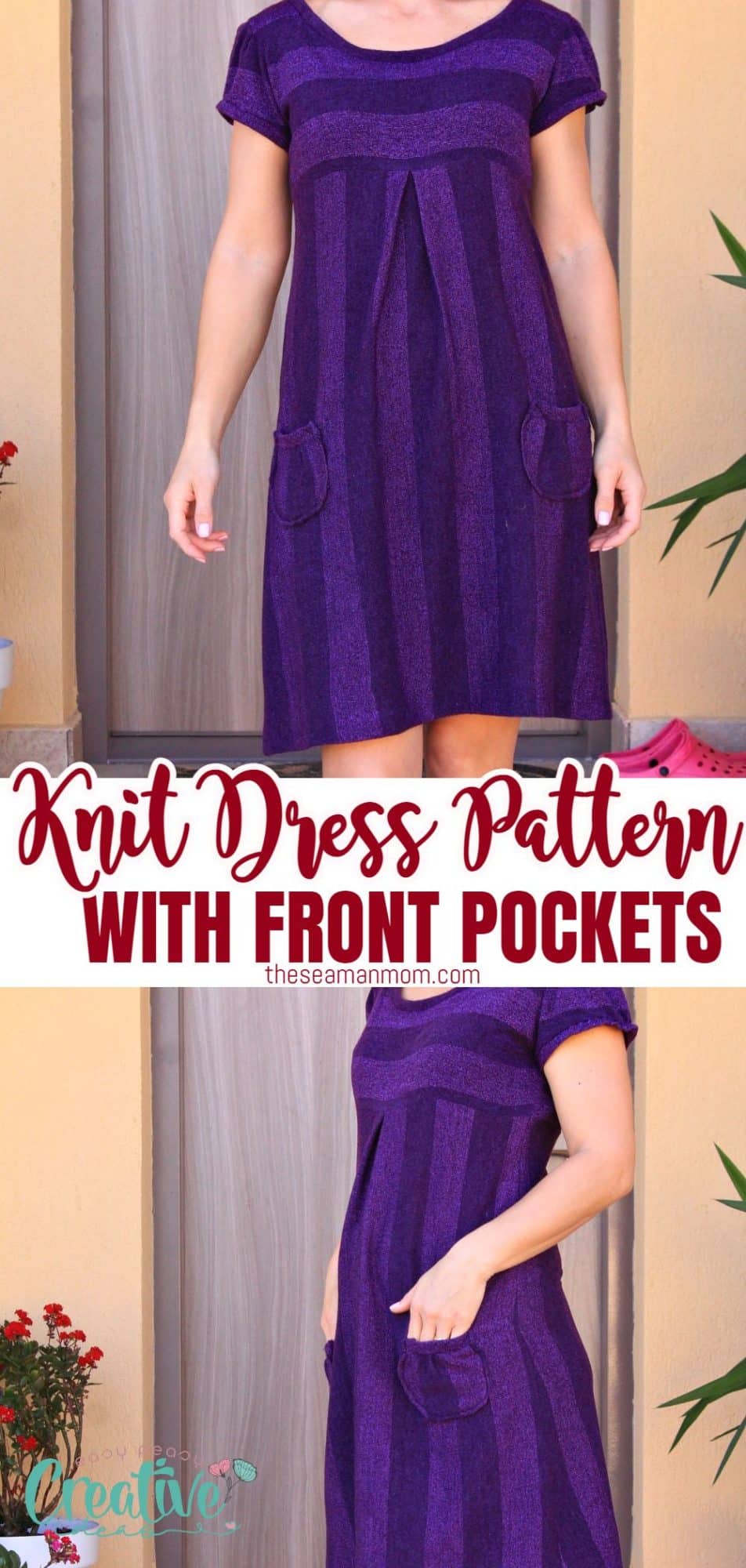 Photo collage of knit dress pattern with front pockets