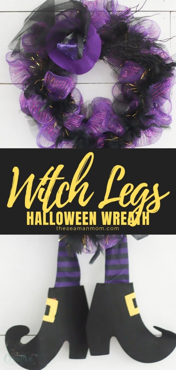 Want a Halloween wreath that is fun and whimsical and everyone is sure to enjoy? Try this witch wreath with legs! This decorative Halloween wreath is "dressed" to thrill and you can use it to decorate for Halloween all sorts of ways: hung on your front door, an indoor wall, or as a centerpiece! via @petroneagu