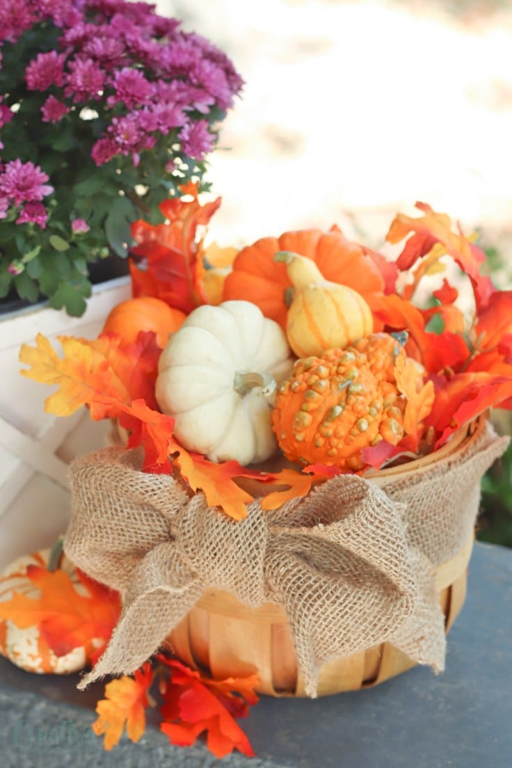 Fall Front Porch Decor Idea With Bushel Basket & Fall Themed Items