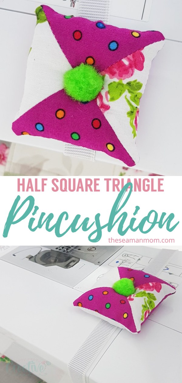 This adorable patchwork pincushion is made from scrap fabrics sewn into half-square triangles and is a great help if you need a handy sewing machine pin cushion! via @petroneagu