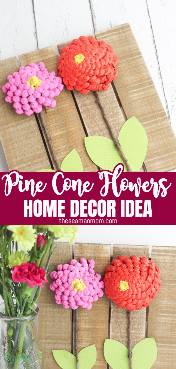 Looking for a trendy design idea? Make some pine cone flowers to match your decor! Home decor ideas with pine cones are easy to make, so much fun for the whole family and a great way to brighten your room all year round! via @petroneagu