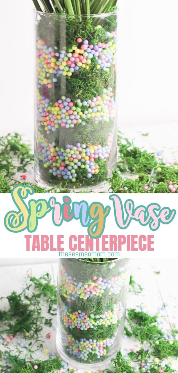 If you're looking for easy and cheap spring table decor or spring home decor, make this pastel Spring vase! All you need is a tall vase, some fillers, moss and Spring fronds to create a sweet, fresh, spring look for your home! via @petroneagu