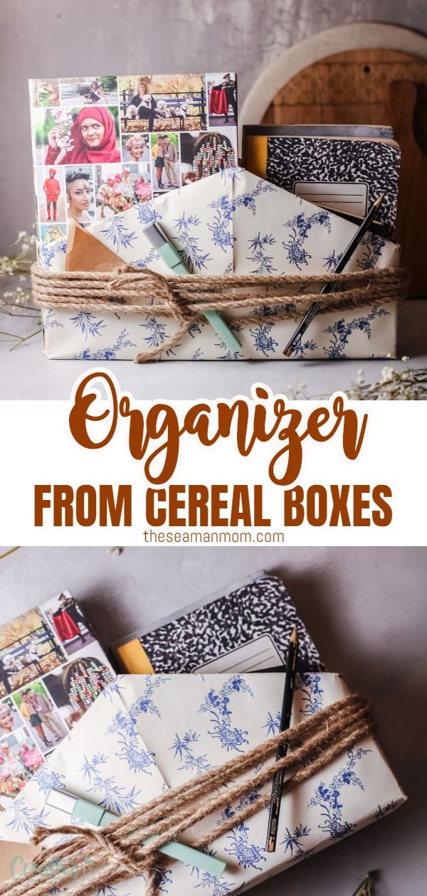 This cereal box organizer is a stylish way to get your desk (or cooking books!) in order. A super fun way to upcycle some old cereal boxes just by adding colorful paper and some twine or ribbon. via @petroneagu