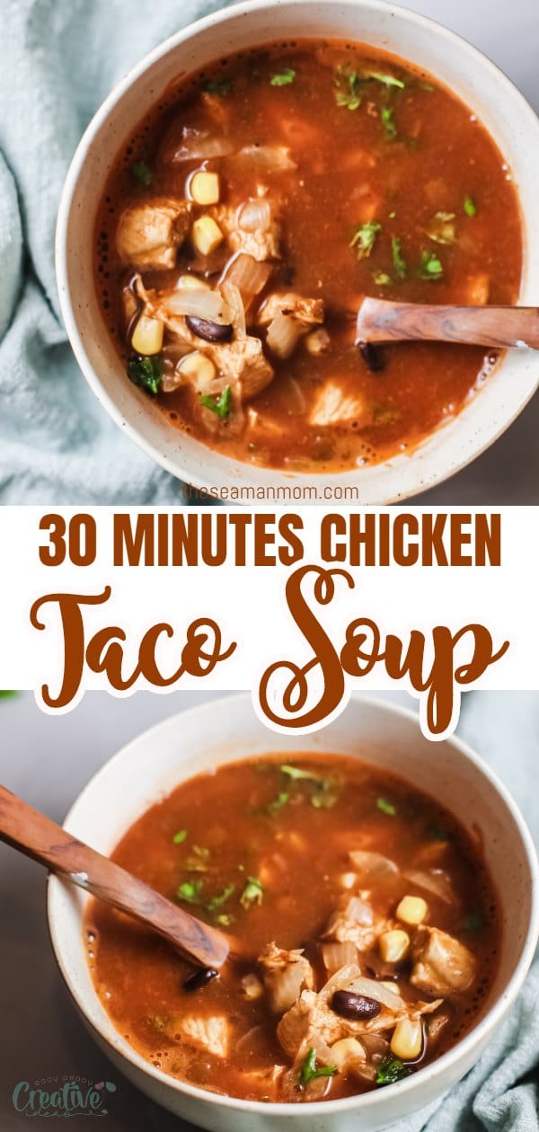 This chicken taco soup recipe is as quick, easy and comforting as a soup can get! Full of seasoned, spicy chicken, black beans, corn and sweet onion this  quick and easy taco soup is the perfect soup to serve as is or with a big piece of cornbread on the side or even with chips. via @petroneagu