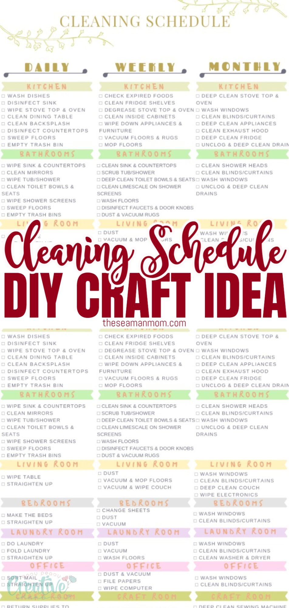 Printable cleaning schedule with daily, weekly and monthly chores
