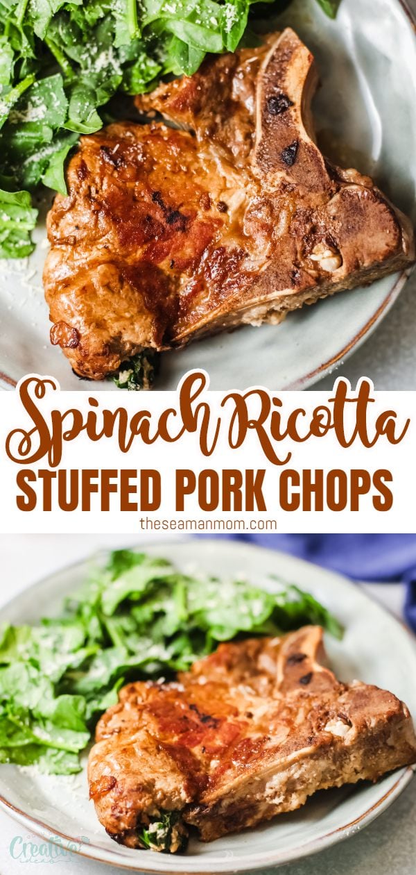 These spinach stuffed pork chops with ricotta cheese are a delicious and indulgent dinner! Packed with flavor and stuffed to the brims with milky ricotta and sautéed spinach and buttery onions, these stuffed pork chops are easy enough you can whip them in a hectic night but also elevated enough to serve at a dinner party or date night. via @petroneagu