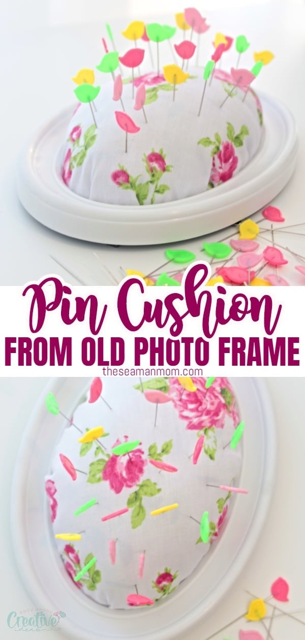Love making your own pincushions? This easy peasy DIY pin cushion craft will show you how to make a frame pin cushion in just a few minutes, using a recycled photo frame! via @petroneagu