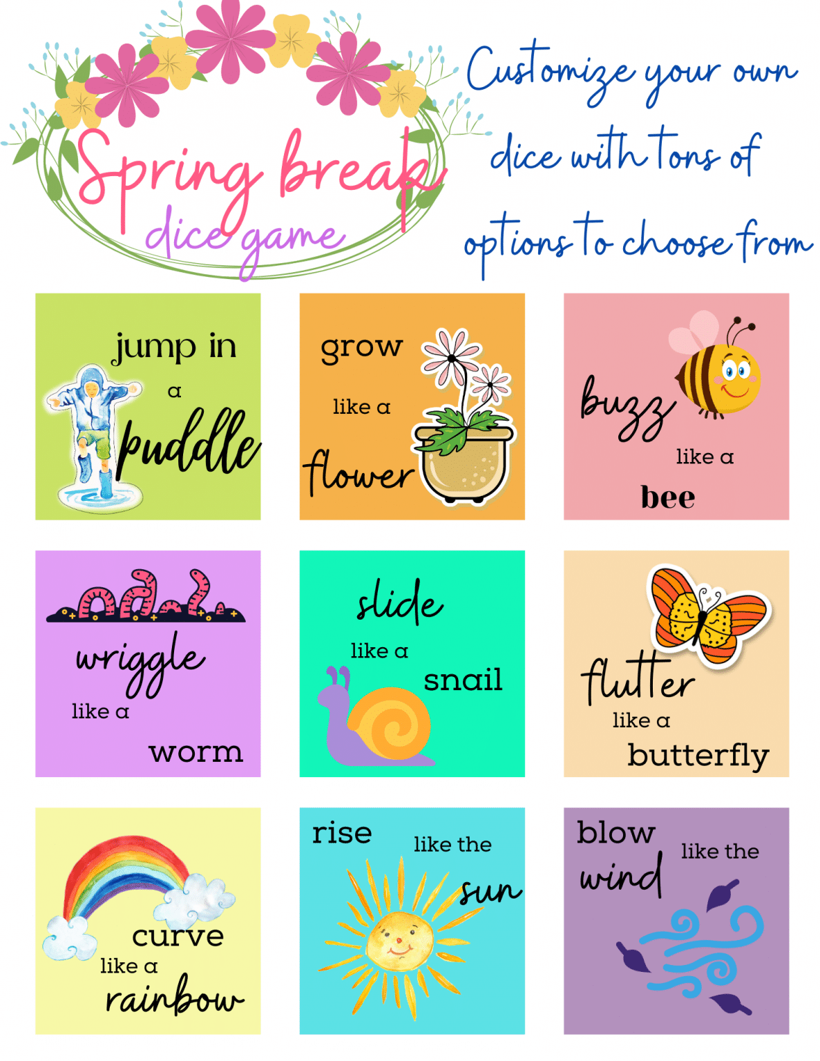 Super Fun Printable Spring Break Dice Game - Easy Peasy Creative Ideas
