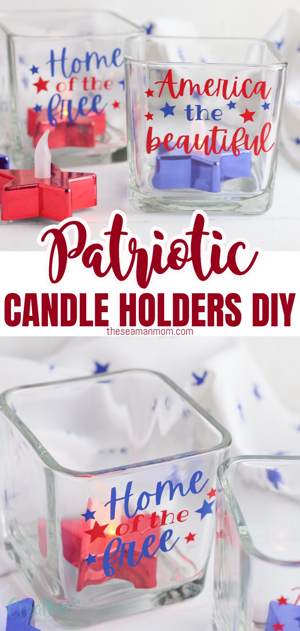 These red and blue DIY candle holders are quick and easy home décor craft you can make in a matter of minutes to add some patriotic charm to any room of your house. via @petroneagu