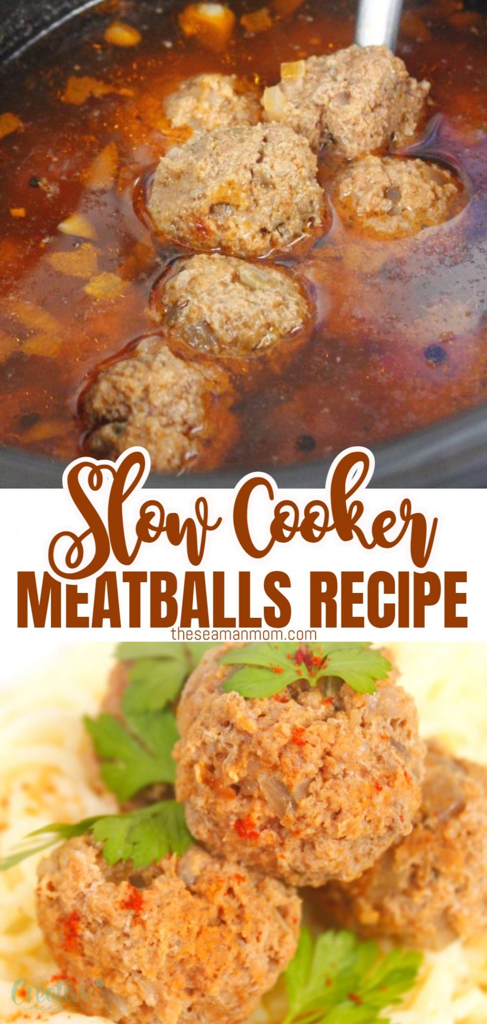 Slow cooker meatballs with sauce and on top of spaghetti pasta