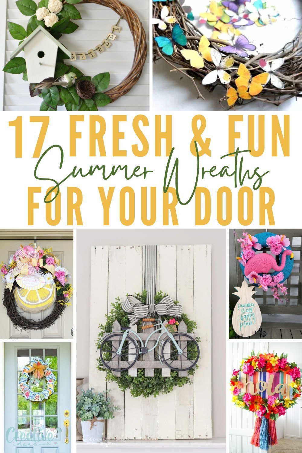 Photo collage of fun summer wreath ideas to make at home