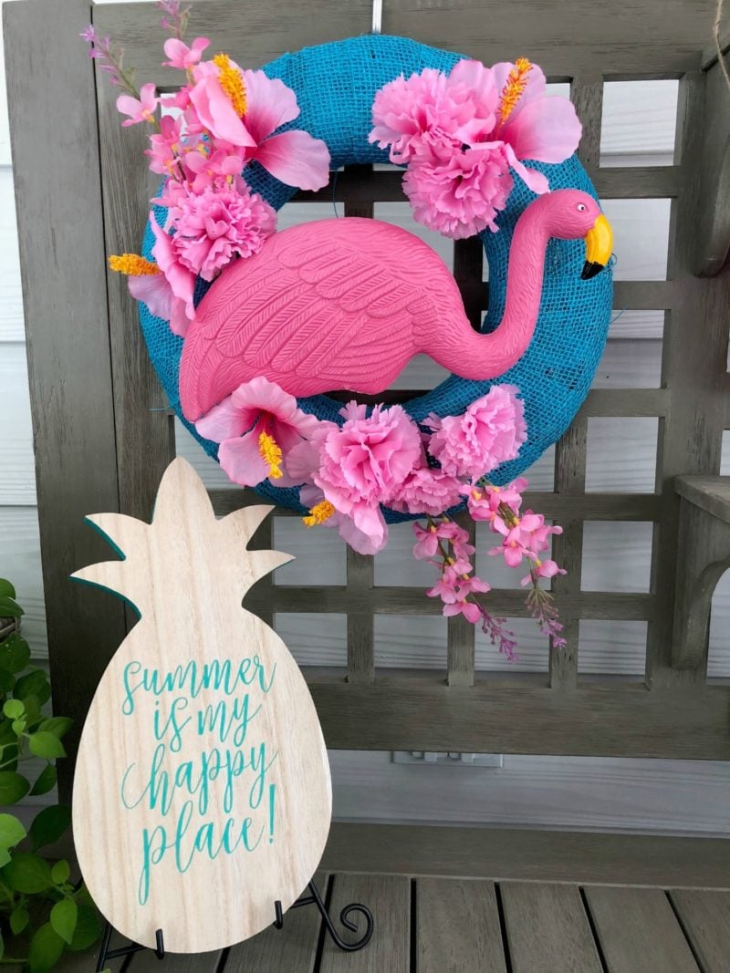 Image of summer door decoration with flamingo detail