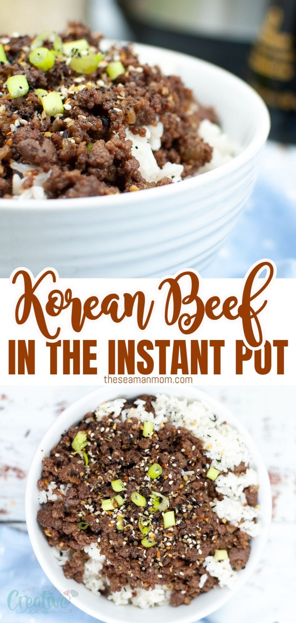 Photo collage of Instant pot Korean beef in a white bowl