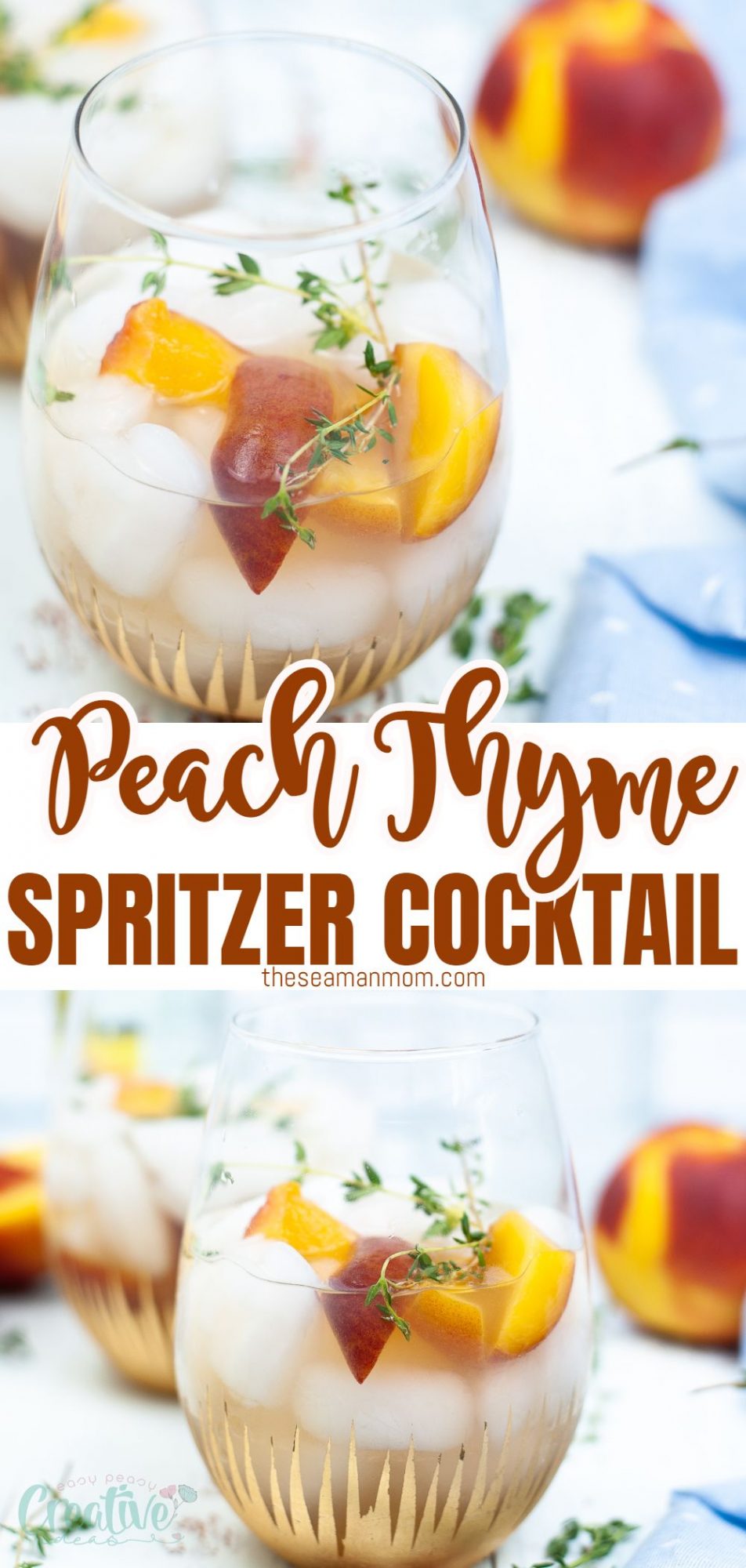 Peach cocktail in a glass dressed with peaches and thyme