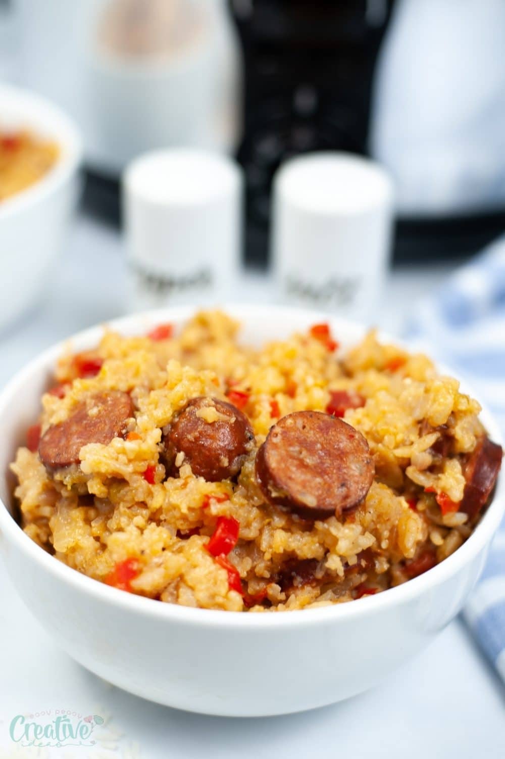 Image of sausage jambalaya in a white bowl