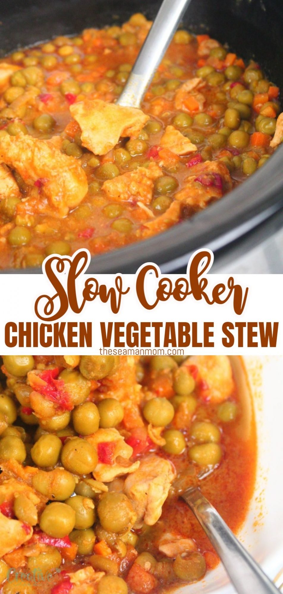 Photo collage of chicken stew with peas cooked in the slow cooker
