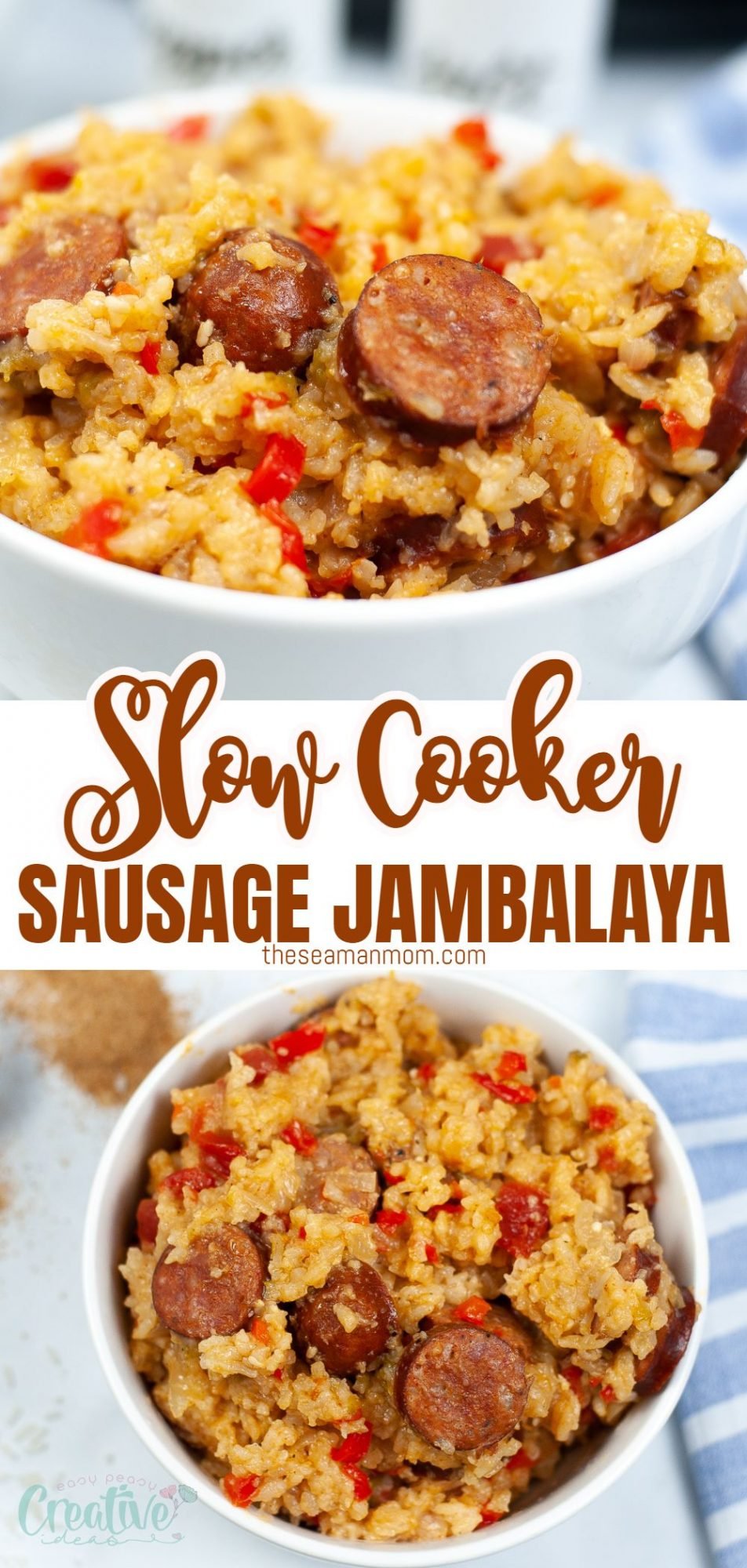 Photo collage of slow cooker jambalaya with sausage