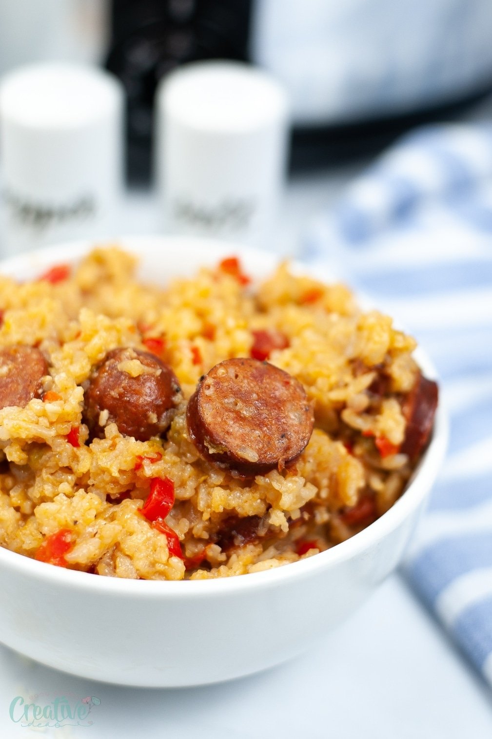 Image of slow cooker jambalaya served in a white bowl