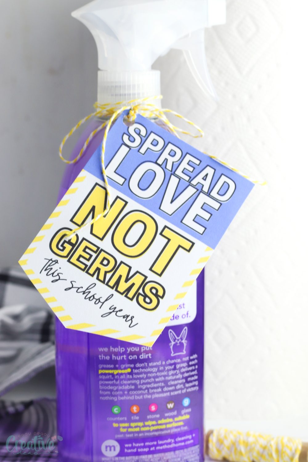 Image of a cleaning product with a teacher gift tag attached