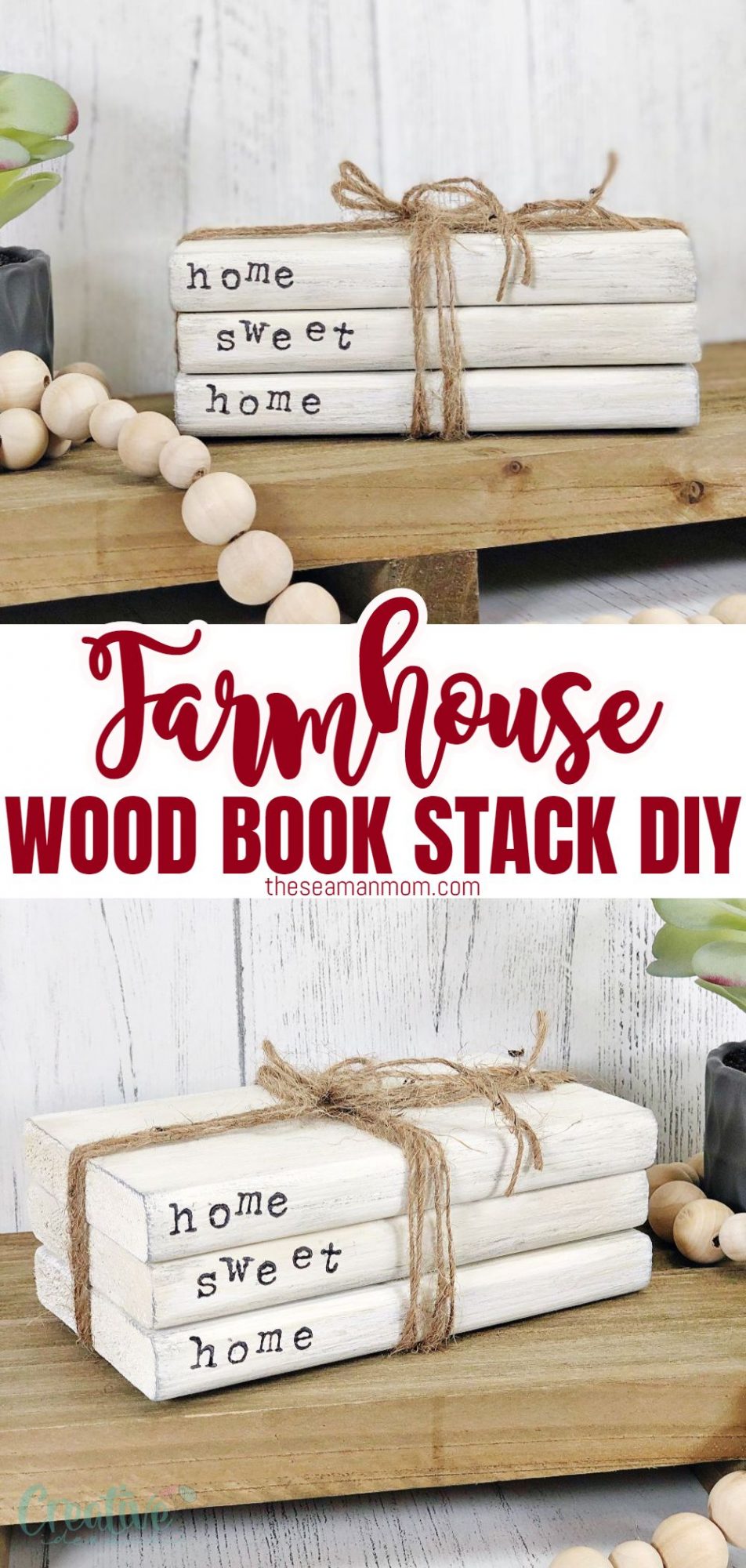 Photo collage of farmhouse book stack made with wood and stamped letters